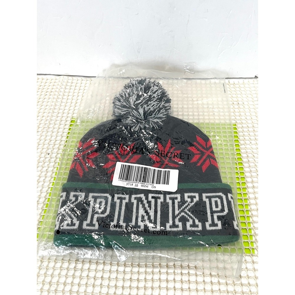 Victoria Secret PINK Beanie Hat Black Red Snowflake Pom Pom Logo 371816 OS EUC‎